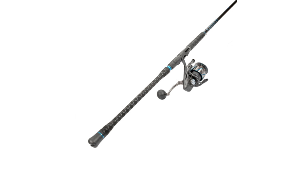 Quantum Benchmark Spinning Reel and Rod Combo, 9ft, 2-PC, Med-Heavy, Moderate-Fast Rod, Graphite Composite Blank, SZ 6000 Reel, 5+1 Bearings, 5.6-1 Ratio, Silver/Blue, BK6000902MH1530.P2