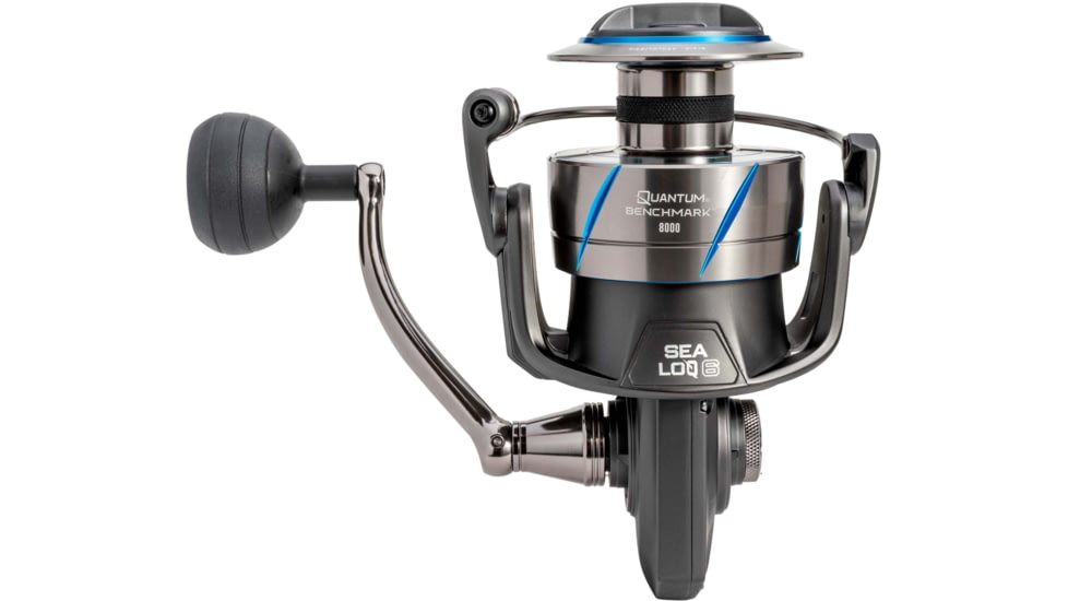 Quantum Benchmark Spinning Reel, SZ 8000 Reel, 5+1 Bearings, 4.7-1 Ratio, Aluminum Frame, SEALOQ 6 Protection, GEARTEQ Machined Gears, CFX200 Carbon Fiber Xtreme Drag, Silver/Blue, BK8000.B2