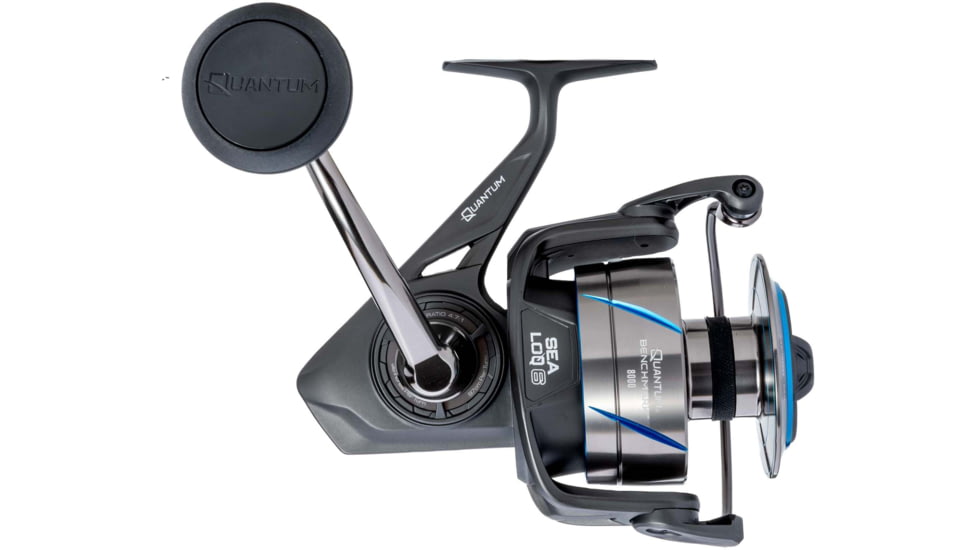 Quantum Benchmark Spinning Reel, SZ 8000 Reel, 5+1 Bearings, 4.7-1 Ratio, Aluminum Frame, SEALOQ 6 Protection, GEARTEQ Machined Gears, CFX200 Carbon Fiber Xtreme Drag, Silver/Blue, BK8000.B2