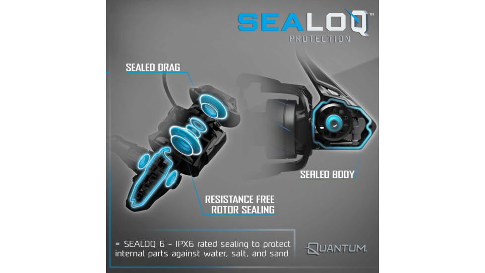 Quantum Benchmark Spinning Reel, SZ 8000 Reel, 5+1 Bearings, 4.7-1 Ratio, Aluminum Frame, SEALOQ 6 Protection, GEARTEQ Machined Gears, CFX200 Carbon Fiber Xtreme Drag, Silver/Blue, BK8000.B2