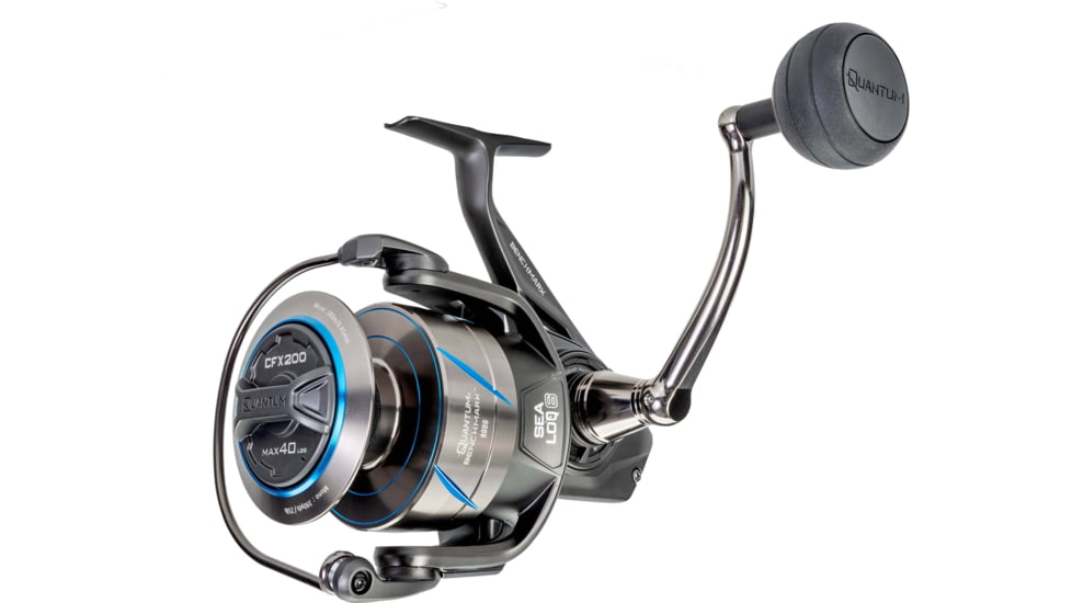 Quantum Benchmark Spinning Reel, SZ 8000 Reel, 5+1 Bearings, 4.7-1 Ratio, Aluminum Frame, SEALOQ 6 Protection, GEARTEQ Machined Gears, CFX200 Carbon Fiber Xtreme Drag, Silver/Blue, BK8000.B2