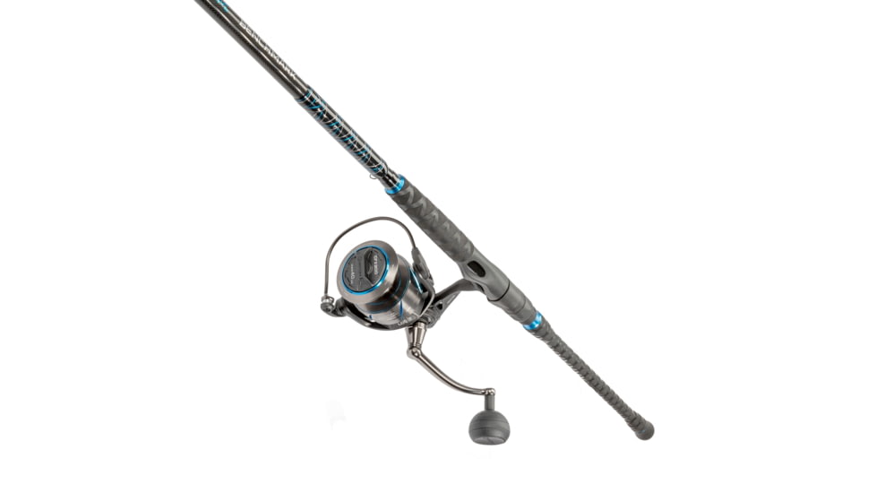Quantum Benchmark Spinning Reel and Rod Combo, 10ft, 2-PC, Heavy, Moderate-Fast Rod, Graphite Composite Blank, SZ 8000 Reel, 5+1 Bearings, 4.7-1 Ratio, Silver/Blue, BK8000102H2040.P2