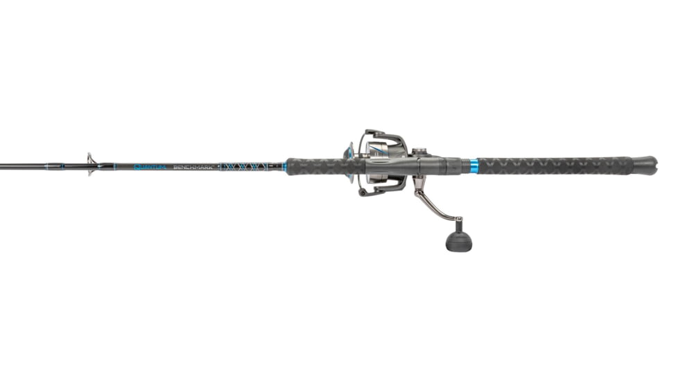 Quantum Benchmark Spinning Reel and Rod Combo, 7ft, 1-PC, Heavy, Moderate-Fast Rod, Graphite Composite Blank, SZ 8000 Reel, 5+1 Bearings, 4.7-1 Ratio, Silver/Blue, BK8000701H1530.P2