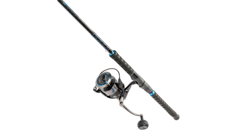 Quantum Benchmark Spinning Reel and Rod Combo, 7ft, 1-PC, Heavy, Moderate-Fast Rod, Graphite Composite Blank, SZ 8000 Reel, 5+1 Bearings, 4.7-1 Ratio, Silver/Blue, BK8000701H1530.P2