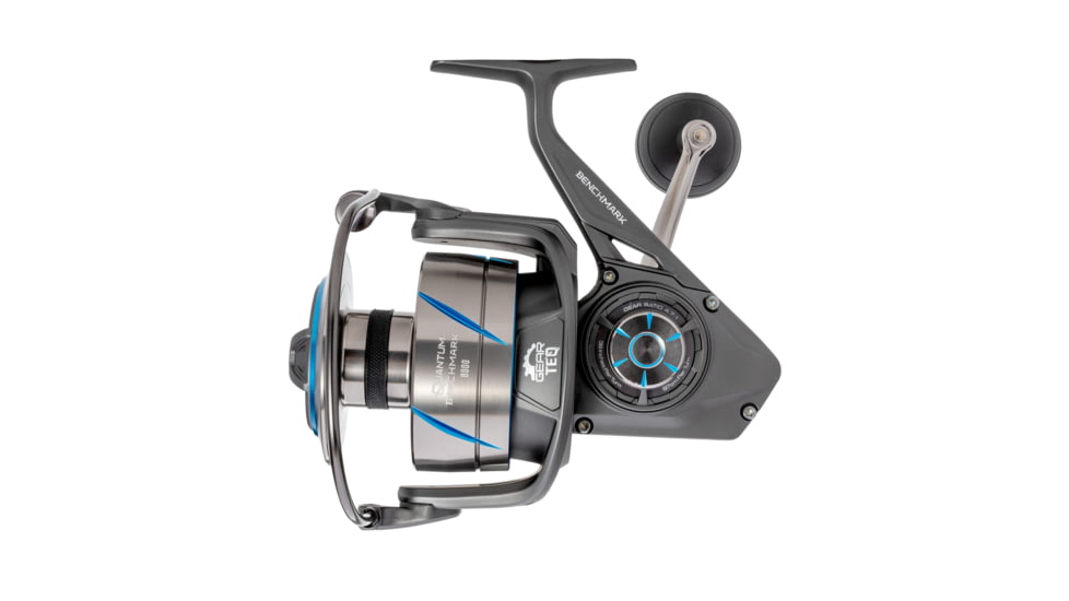 Quantum Benchmark Spinning Reel and Rod Combo, 7ft, 1-PC, Heavy, Moderate-Fast Rod, Graphite Composite Blank, SZ 8000 Reel, 5+1 Bearings, 4.7-1 Ratio, Silver/Blue, BK8000701H1530.P2