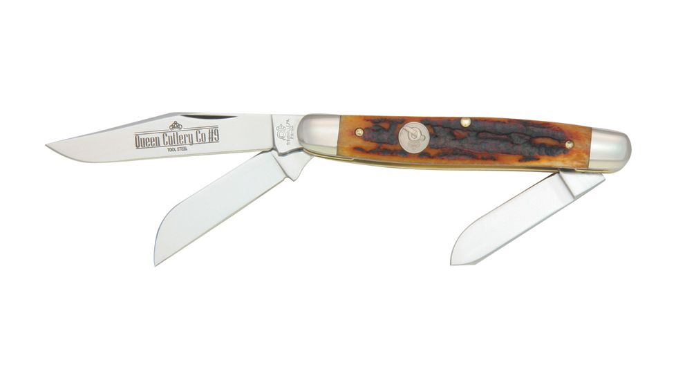 Queen Large Stockman Fold Knife, D2 steel clip, spey and sheepsfoot blade, Aged honey amber stag bone handle QN9ACSB