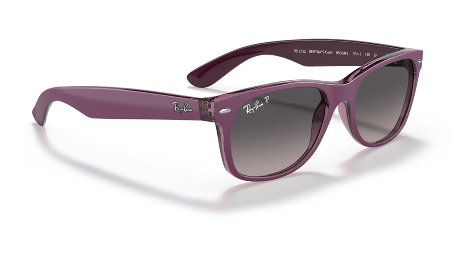 Ray-Ban RB2132 New Wayfarer Sunglasses, Matte Violet On Transparent Violet Frame, Grey Gradient Lens, Polarized, 52, RB2132-6606M3-52