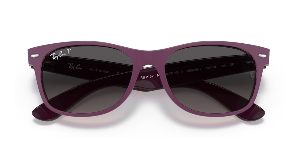 Ray-Ban RB2132 New Wayfarer Sunglasses, Matte Violet On Transparent Violet Frame, Grey Gradient Lens, Polarized, 52, RB2132-6606M3-52