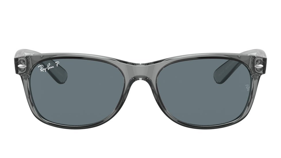 Ray-Ban RB2132 New Wayfarer Sunglasses, Transparent Grey Frame, Dark Blue Lens, Polarized, 52, RB2132-64503R-52