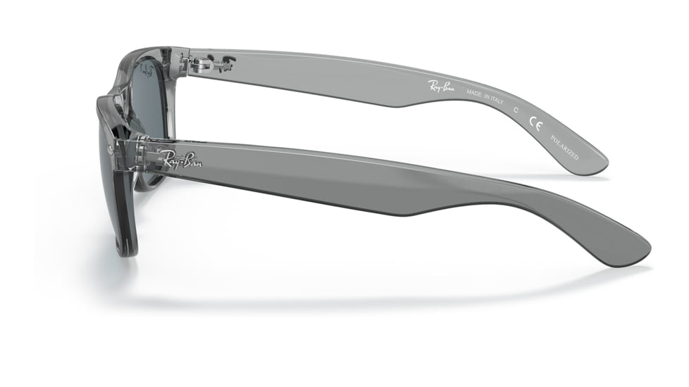 Ray-Ban RB2132 New Wayfarer Sunglasses, Transparent Grey Frame, Dark Blue Lens, Polarized, 52, RB2132-64503R-52