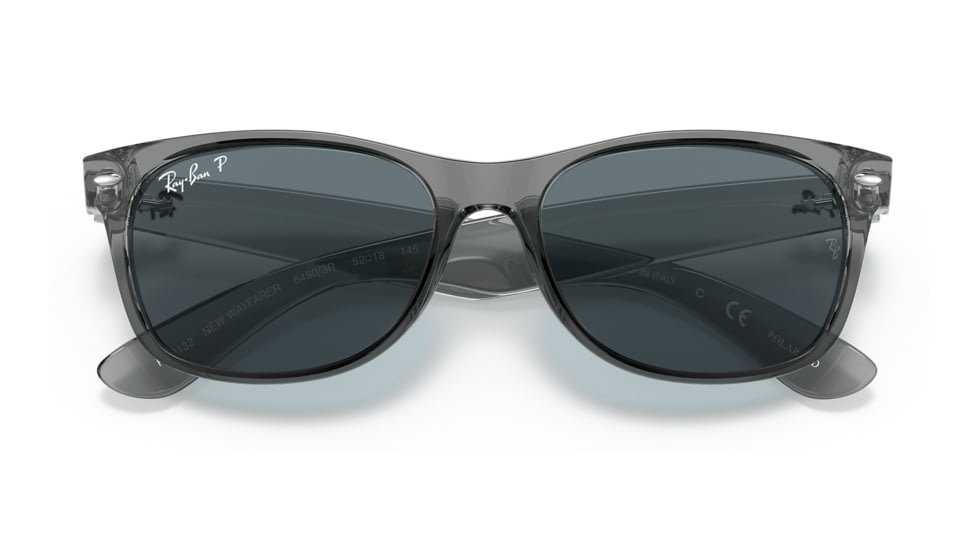 Ray-Ban RB2132 New Wayfarer Sunglasses, Transparent Grey Frame, Dark Blue Lens, Polarized, 52, RB2132-64503R-52