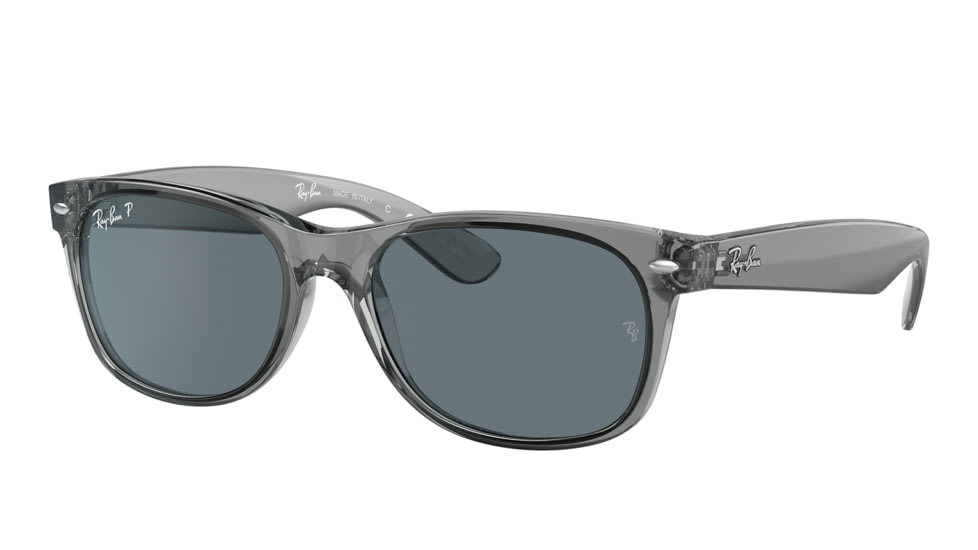 Ray-Ban RB2132 New Wayfarer Sunglasses, Transparent Grey Frame, Dark Blue Lens, Polarized, 52, RB2132-64503R-52