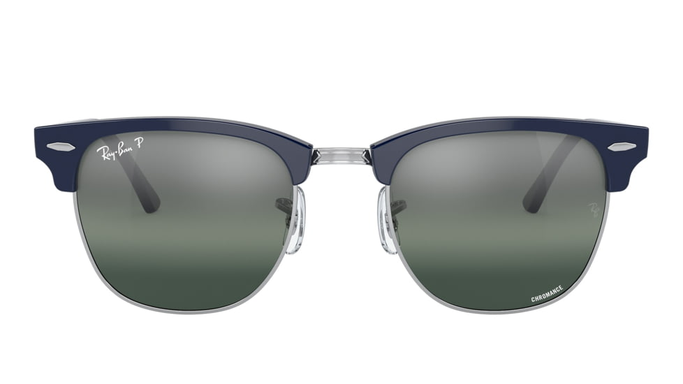 Ray-Ban RB3016 Clubmaster Sunglasses, Blue On Silver Frame, Dark Blue Mirror Polarized Lens, 49, RB3016-1366G6-49