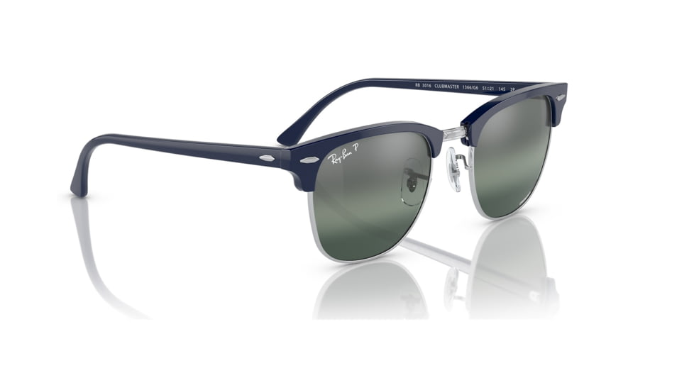 Ray-Ban RB3016 Clubmaster Sunglasses, Blue On Silver Frame, Dark Blue Mirror Polarized Lens, 49, RB3016-1366G6-49