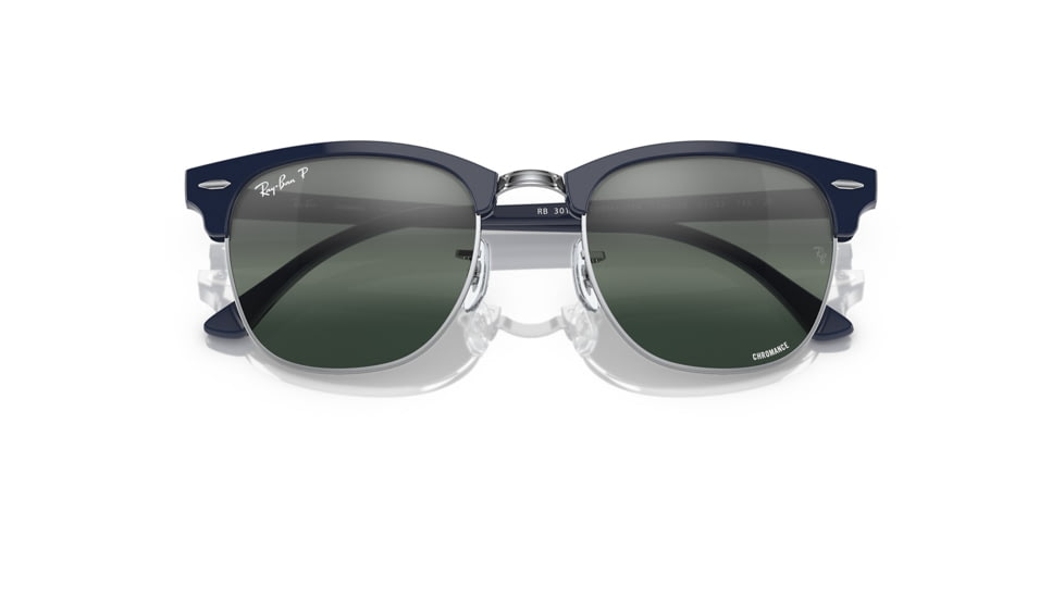 Ray-Ban RB3016 Clubmaster Sunglasses, Blue On Silver Frame, Dark Blue Mirror Polarized Lens, 49, RB3016-1366G6-49