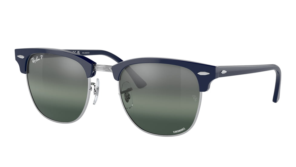 Ray-Ban RB3016 Clubmaster Sunglasses, Blue On Silver Frame, Dark Blue Mirror Polarized Lens, 49, RB3016-1366G6-49