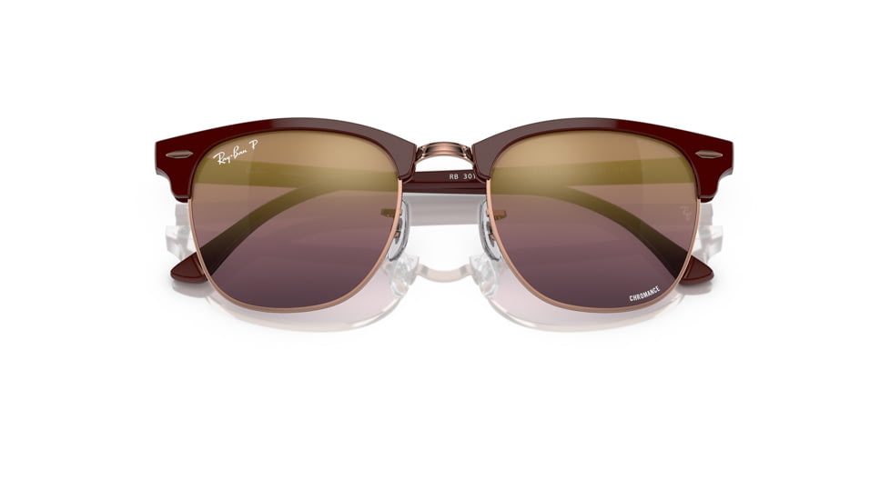 Ray-Ban RB3016 Clubmaster Sunglasses, Bordeaux On Rose Gold Frame, Red Mirror Polarized Lens, 49, RB3016-1365G9-49