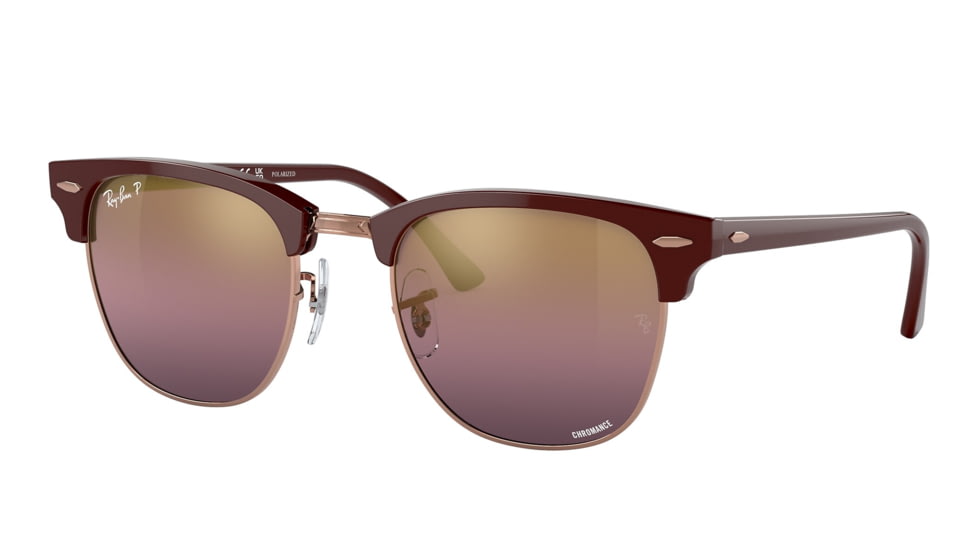 Ray-Ban RB3016 Clubmaster Sunglasses, Bordeaux On Rose Gold Frame, Red Mirror Polarized Lens, 49, RB3016-1365G9-49