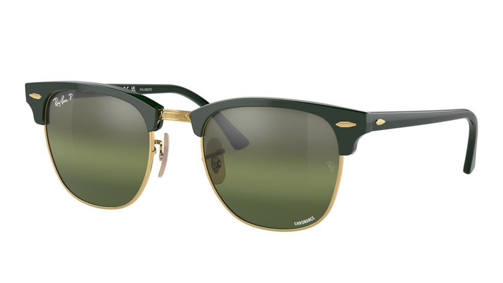 Ray-Ban RB3016 Clubmaster Sunglasses, Green On Arista Frame, Dark Green Mirror Polarized Lens, 49, RB3016-1368G4-49