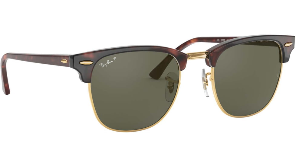 Ray-Ban RB3016 Clubmaster Sunglasses, Red Havana Frame, Crystal Green Polarized Lenses, RB3016 990/58-51