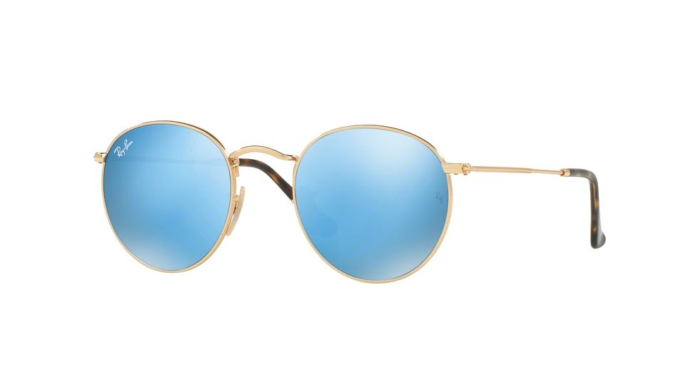 Ray-Ban ROUND METAL RB3447N Sunglasses 001/9O-47 - Shiny Gold Frame, Light Blue Flash Lenses