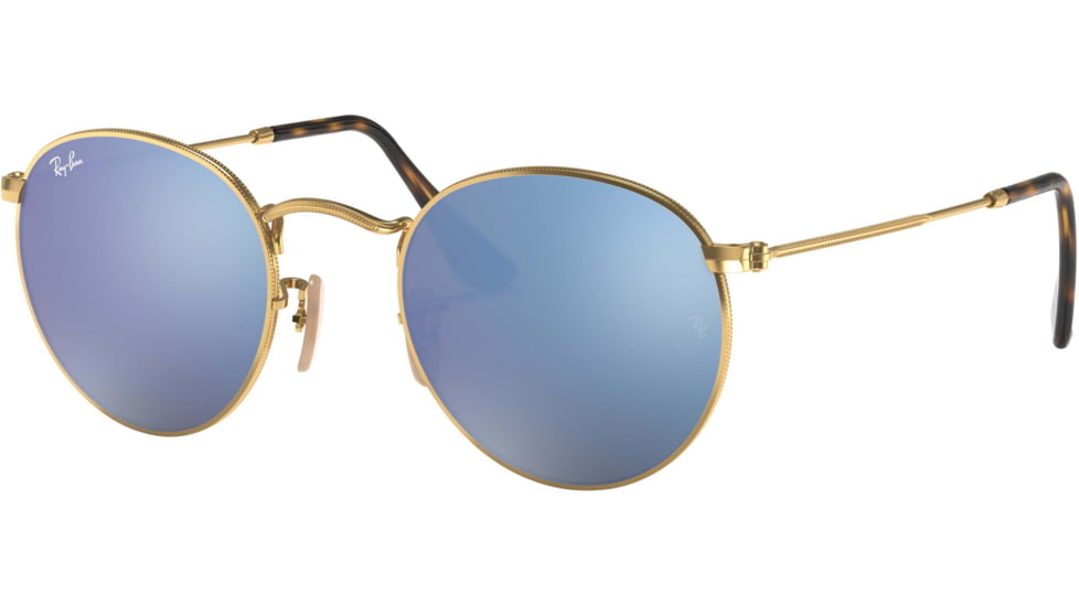Ray-Ban ROUND METAL RB3447N Sunglasses 001/9O-50 - Shiny Gold Frame, Light Blue Flash Lenses