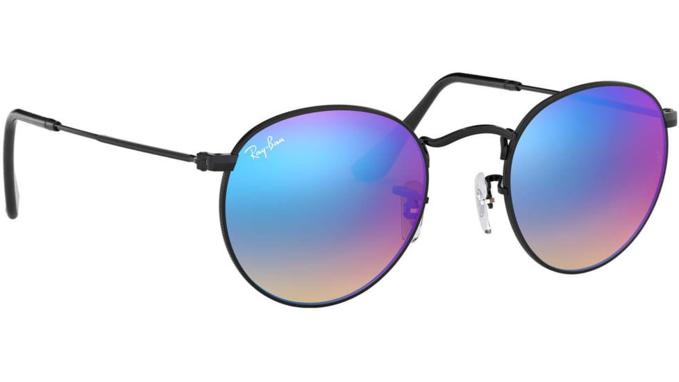 Ray-Ban Round Metal Sunglasses - Mens, Shiny Black Frame, Mirror Gradient Blue 50 mm Lenses, RB3447-002-4O-50