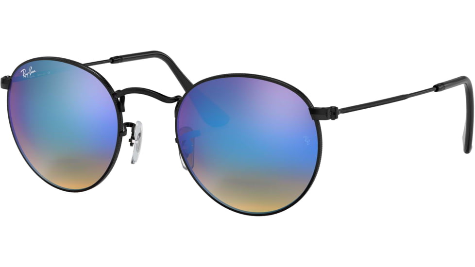 Ray-Ban Round Metal Sunglasses - Mens, Shiny Black Frame, Mirror Gradient Blue 50 mm Lenses, RB3447-002-4O-50