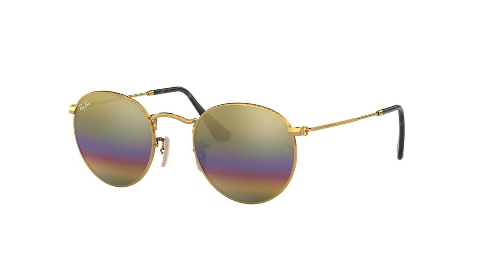 Ray-Ban Round Metal Sunglasses - Men's, Gold Frame, Light Grey Mirror Rainbow 3 53 mm Lenses, RB3447-001-C4-53