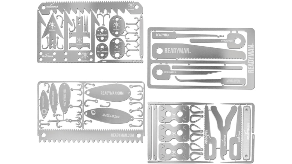 ReadyMan EDC Survival Cards 18 Total Survival Kit, 3.5in X 2in, Wilderness Survival Card, Hostage Escape Card, Medical Card, Fisherman Survival Card, Pack Of Four, 301 SS, TOTAL SURVIVAL KIT