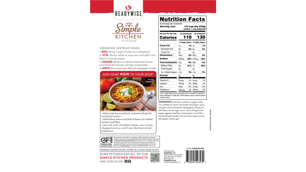 ReadyWise Hearty Chili Soup Mix, 6 Pack, RWSK05-064