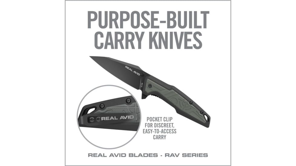 Real Avid RAV-1 Folding Knife, 3.25in, 4Cr14, Black Oxide Clip Point Plain Blade, Green/Black Nylon Handle, AVRAV1