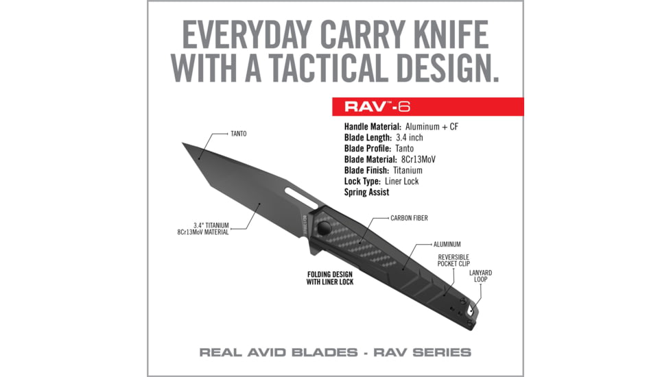 Real Avid Rav-6 Knife Assisted Tanto 3.4 Blade Black Alum.
