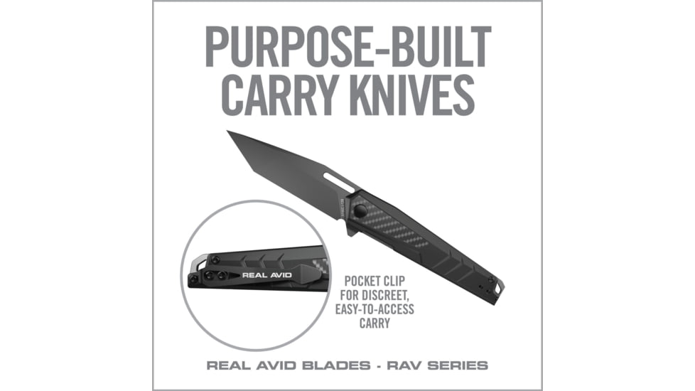 Real Avid RAV-6 Folding Knife, 3.4in, 8Cr13MoV, Titanium Tanto Plain Blade, Black Carbon Fiber Aluminum Handle, AVRAV-6