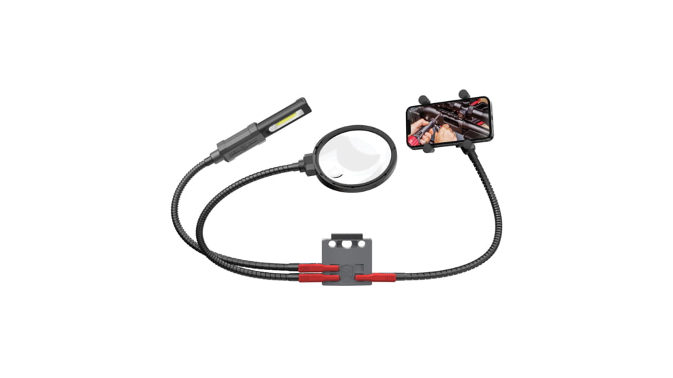 Real Avid Smart-Assist Plug and Play Hands-Free Accessory System Mount, Quick-Connect Clip, 4 Locking Ports, Smart Dock, 5in Magnifying Glass, 180 Lumen Light, Cell Phone Holder, Large, Black, AVMVACC