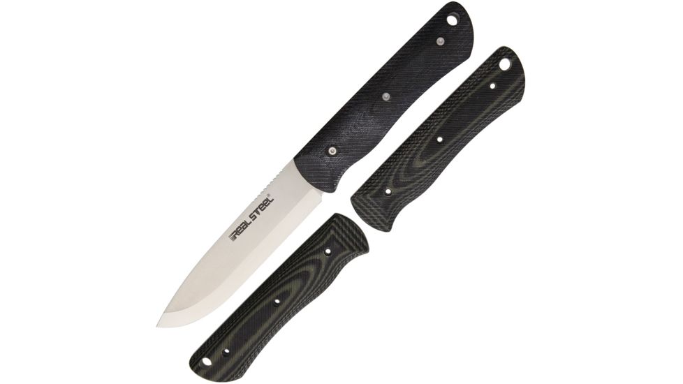 Real Steel Bushcraft Fixed Blade Knife Set,4in,D2 Tool Steel,Drop Point,Black/Green Micarta Handle, 3714
