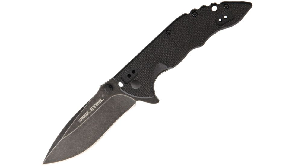 Real Steel E77 All Black Folding Knife,3.25in,8Cr13MoV Steel,Standard Edge,Drop Point,Black Stonewash,Black,G10 Handle RS5111