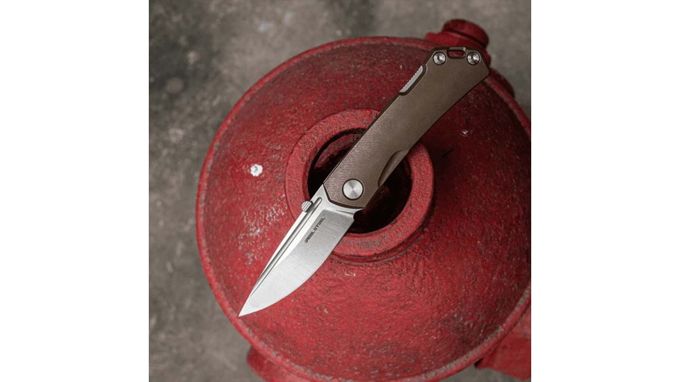 Real Steel Luna Maius Bronze Folding Knife, 4.25in Closed, 3in Satin Bohler N690 SS Blade, Bronze Anodized Titanium Handle, 7092