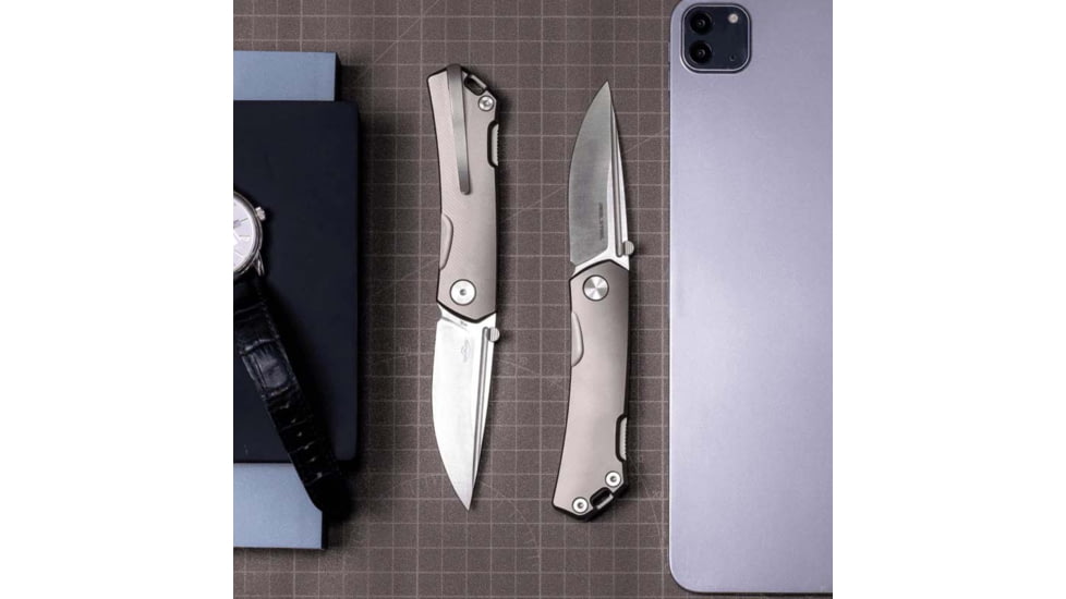 Real Steel Luna Maius Titanium Folding Knife, 4.25in Closed, 3in Satin Bohler N690 SS Blade, Gray Titanium Handle, 7091