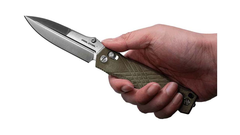 Real Steel Muninn Micarta Folding Knife, 4.5in Closed, 3.63in Satin VG-10 SS Blade, Green Canvas Micarta Handle, 7751GM