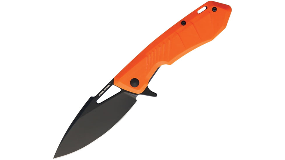 Real Steel Pelican Framelock Orange Folding Knife, 3.25 black finish D2 tool steel blade, Orange G10 handle with black stainless back handle, 7922