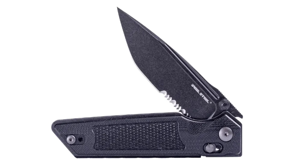 Real Steel Sacra TAC Folding Knife, 3in, Steel, Serrated, Tanto, G10 Handle, Black, 7713B