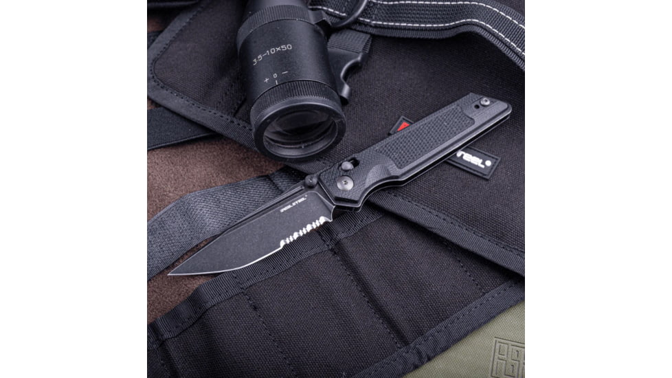 Real Steel Sacra TAC Folding Knife, 3in, Steel, Serrated, Tanto, G10 Handle, Black, 7713B