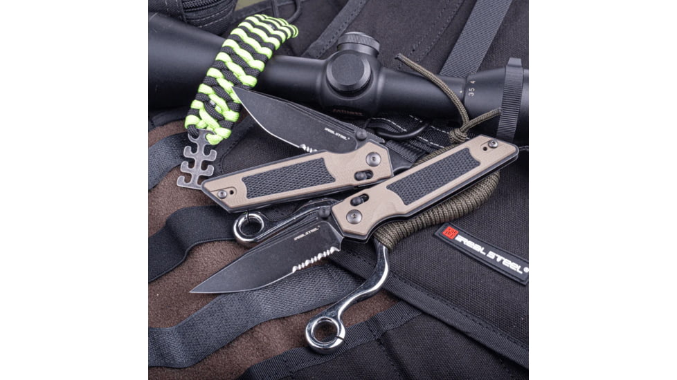 Real Steel Sacra TAC Folding Knife, 3in, Steel, Serrated, Tanto, G10 Handle, Coyote, 7713CB