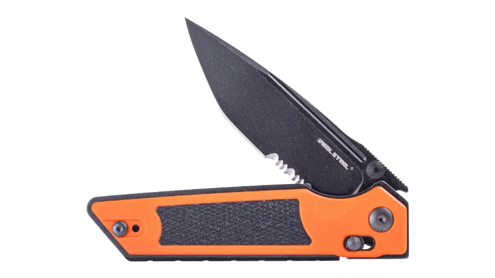 Real Steel Sacra TAC Folding Knife, 3in, Steel, Serrated, Tanto, G10 Handle, Orange, 7713OB