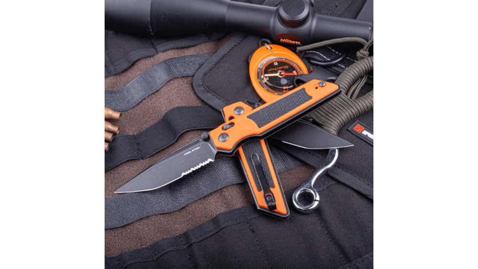 Real Steel Sacra TAC Folding Knife, 3in, Steel, Serrated, Tanto, G10 Handle, Orange, 7713OB