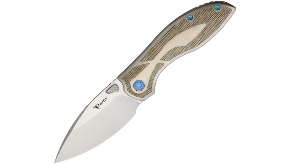Reate Knives Iron Framelock Folding Knife, Thumb stud, Blue, Gray, Gray titanium handle with green micarta inlay, IRON BL GRN SATIN