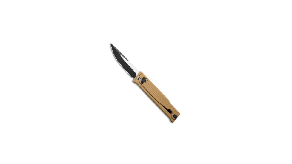 Reate Knives Reate EXO-OG Drop Point OTF Gravity Knife Tan Line Pattern Al 3.75" Two-Tone, Tan, Nitro-V, adult, BHQ-229184