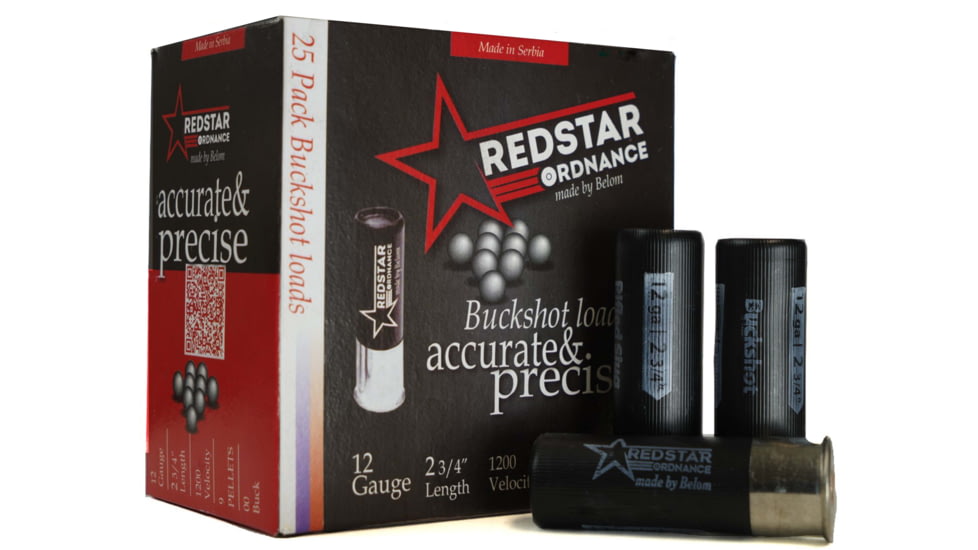 RedStar Ordnance 12 Gauge 9 Pellet 2 3/4in 00 Buck Centerfire Shotgun Ammo, 25 Rounds, Black, RSOBUCK