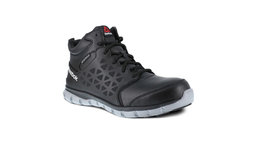 Reebok Sublite Cushion Athletic Mid Cut, Alloy Toe Work Shoe - Mens, Medium, Waterproof, Black/Grey, 4, 690774498860